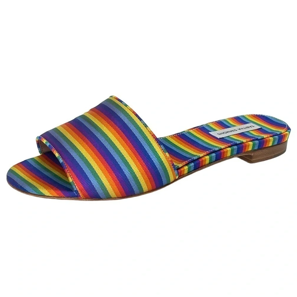 Tabitha Simmons Womens Slide Sandals EU 36 US 6 Sprinkles Rainbow Stripe Silk - Picture 2 of 13